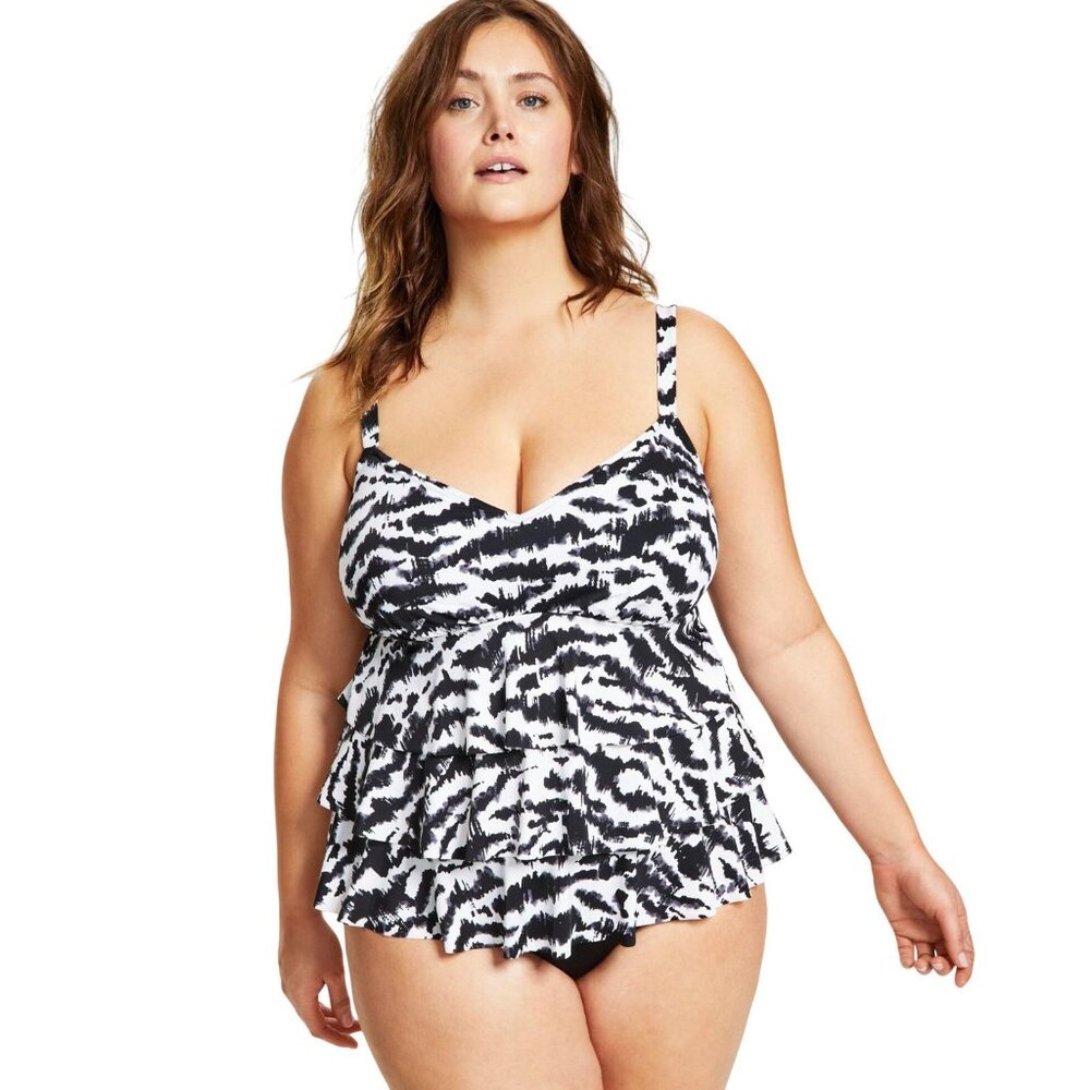 NWT Swim Solutions Tummy Control Swim Fauxkini Tankini Top Black / White 22W